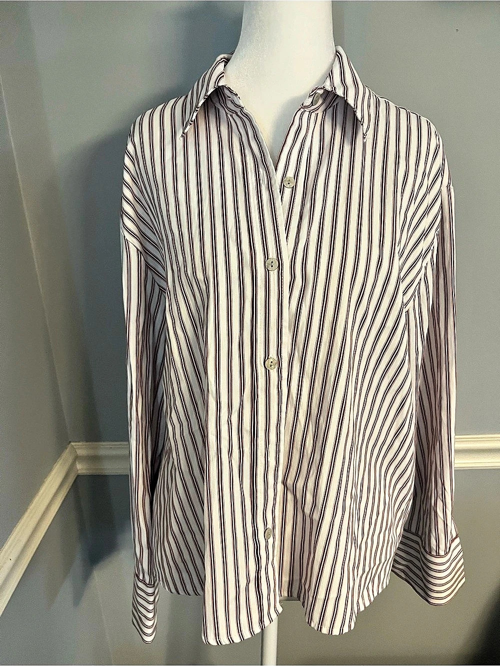 Striped Button Down Shirt in White & burgundy